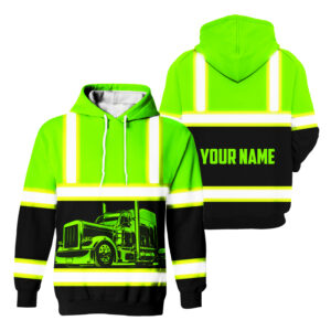 Hi Vis Hoodie Reflective Tapes Green Semi Truck Driver Custom Name Safety Workwear For Truckers, Patriotic