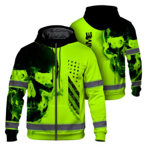 Hi Vis Zip Hoodie Reflective Black Skull Custom Name Safety Workwear For Skull Lovers