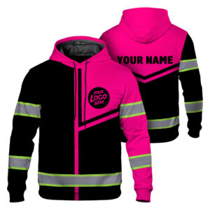 Custom Company Logo Reflective Hi Vis Hoodies - Pink Neon Safety Workwear For Workers, Truckers, Patriotic