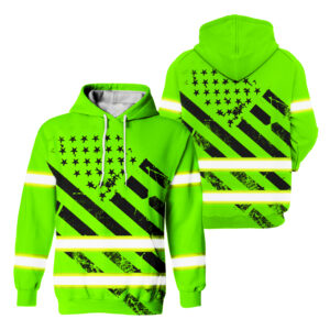 Green High Visibility Hoodie Reflective Tapes Strips Black USA Flag Workwear