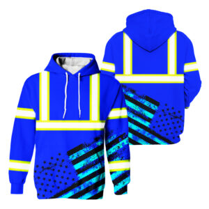 Blue Hi Vis Hoodie USA Flag Pattern Reflective Tapes Safety Work High Visibility Shirts Class 3