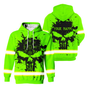 Customized Skull Reflective Hoodie Hi Vis Green Work Safety Clothing For Workers, Runners, Truckers, Skull Lovers