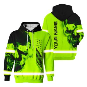Hi Vis Hoodie Reflective Black Skull Custom Name Safety Workwear For Skull Lovers