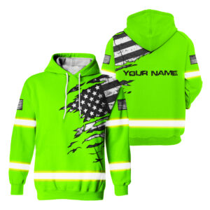 Customized Green Neon Hi Vis Hoodie Reflective Tape Stripe US Flag Safety Workwear