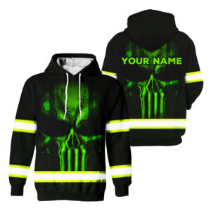 Customized Green Skull Hi Vis Hoodie With Reflective Tapes Safety Workwear For Workers, Runners, Truckers, Skull Lovers