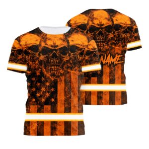 Customized Skull US Flag Hi Vis Orange Tshirt Reflective Safety Work Clothing
