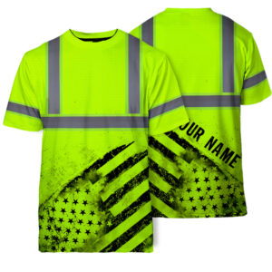 Customized Green Hi Vis Tshirt with Reflective Tape Class 3 Black US Flag Safety Workwear