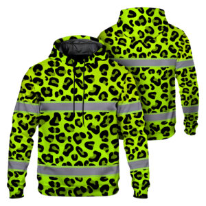 Green Leopard Pattern Hi Vis Hoodie Reflective Tapes Strips Workwear
