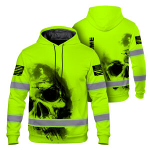 Hi Vis Hoodie Reflective Tapes Green Neon Skull Custom Name Safety Workwear