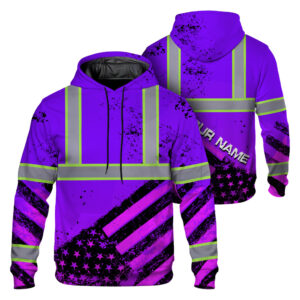 Customized Hi Vis Violet Hoodie American Flag Paint Reflective Safety Workwear Class 3