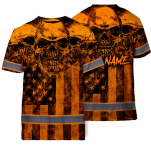 Customized Skull US Flag Hi Vis Orange Tshirt Reflective Safety Work Clothing