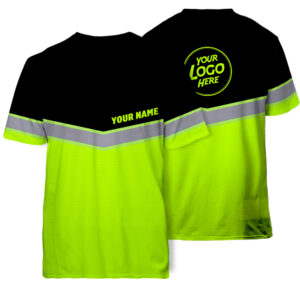 Customized Hi Vis Black Green Tshirt Company Uniforms With Logo & Name