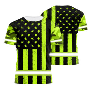 Hi Vis Shirt Reflective Green US Flag Safe Workwear For Runners, Cyclists, Patriotic
