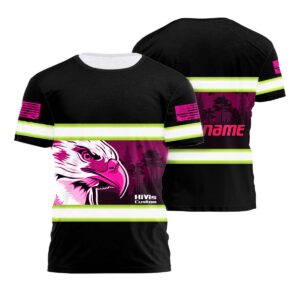 Customized Hi Vis Black Tshirt Reflective USA Flag & Pink Eagle Safety Workwear Clothing