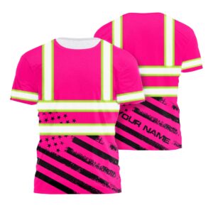 Hi Vis Shirt Reflective Pink Neon USA Flag Custom Name Safety Workwear For Cyclists, Patriotic