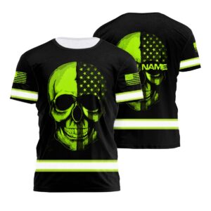 Hi Vis Shirt Reflective Skull With US Flag Custom Name Safety Workwear For Skull Lover