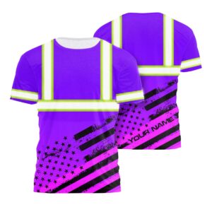 Customized Hi Vis Violet Neon Tshirt With USA Flag Design Reflective Clothing for Work Gear Class 3