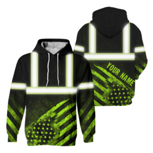 Hi Vis Hoodie Reflective US Flag Custom Name Safety Workwear For Workers, Runners, Cyclists, Patriotic