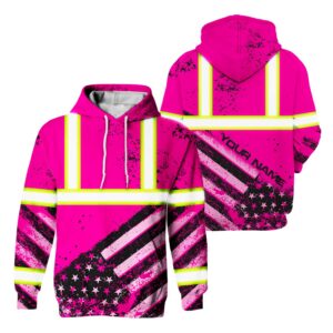 Customized Pink Hi Vis Hoodie Reflective Tapes US Flag Paint Safety Workwear High Visibility Shirts Class 3