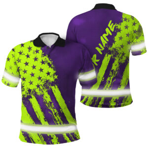 Custom Name Hi Vis Polo Shirt - Patriotic Green Neon Violet US Flag Workwear