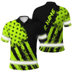 High Visibility Polo Shirt Reflective Tapes Green Neon And Black US Flag Custom Name Safety Workwear