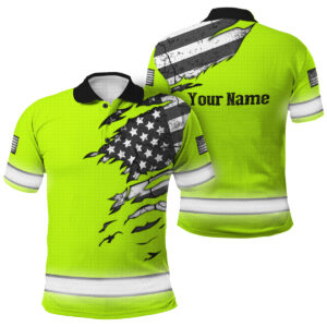 Hi Vis Polo Shirt Reflective Tapes Scratch Green Neon US Flag Custom Name Safety Workwear
