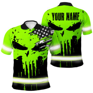 Hi Vis Polo Shirt Skull Scratch US Flag Custom Name For Workers, Runners, Truckers, Skull Lovers