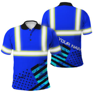 Hi Vis Polo Shirts Reflective Black And Blue Neon USA Flag Custom Name Safety Workwear