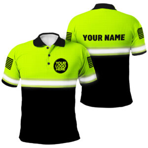Hi Vis Polo Shirts Reflective Tapes Green Neon And Black Uniform US Flag Custom Name And Logo Safety Workwear