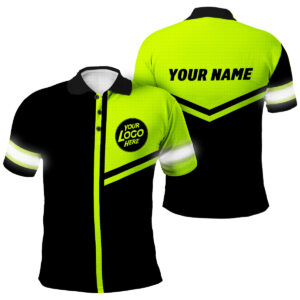 Hi Vis Polo Shirt Uniform Reflective Black Green Neon Custom Name And Logo Safety Workwear