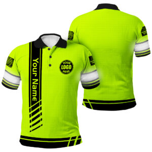 Hi Vis Polo Shirt Reflective Tapes Green Neon Uniform US Flag Custom Name And Logo Safety Workwear
