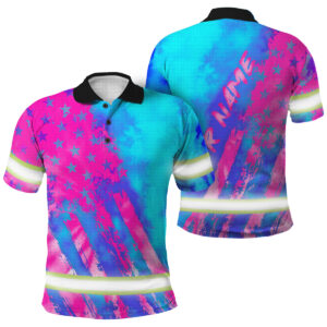 Hi Vis Polo Shirts Reflective Tapes Pink Neon And Blue US Flag Custom Name Safety Workwear