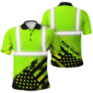 High Visibility Polo Shirts Reflective Green Neon Flag Custom Name Safety Workwear Tee