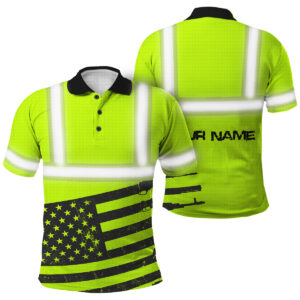 Safety Workwear Hi Vis Polo - Custom Name Green Neon USA Flag Gun Work Shirt