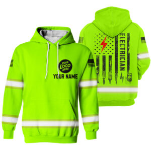 Hi Vis Hoodie Electrician American Flag Custom Name and Logo Company Name Safety Workwear