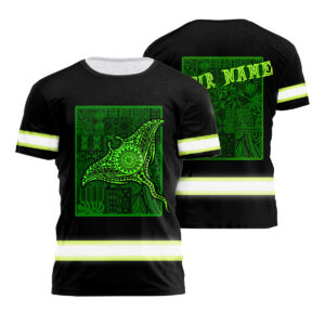Hi Vis Shirt For Men Reflective Gradient Green Neon Polynesian Triba Manta Ray And Marine Animals Hawaiian Custom Name Safety Workwear