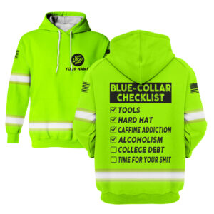 Hi Vis Hoodie Blue Checklist Custom Name and Logo Company Name Safety Workwear