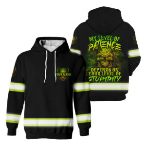 Hi Vis Hoodie Skull My Level Of Patience Custom Name and Logo Company Name Safety Workwear