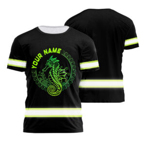 Hi Vis Shirt Reflective Gradient Green Neon Polynesian Tribal Seahorse And Marine Animals Hawaiian Custom Name