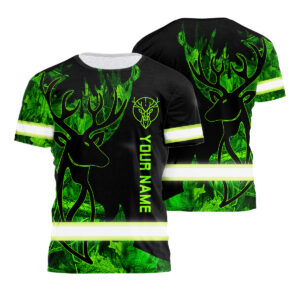 Hi Vis Shirt Reflective Green Neon Deer Hunting Custom Name Safety Workwear For Hunters, Hunting Lovers, Workers Truckers