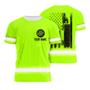 Hi Vis Shirt Truck American Flag, Custom Name Logo Safety Workwear For Construction Workers