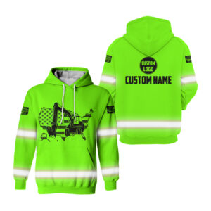 Hi Vis Hoodie Excavator American Flag Green Custom Name Safety Workwear Reflective Long Sleeve