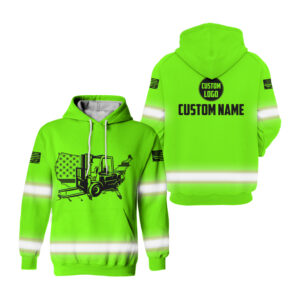 Hi Vis Hoodie Forklift American Flag Green Custom Name Safety Workwear Reflective Long Sleeve