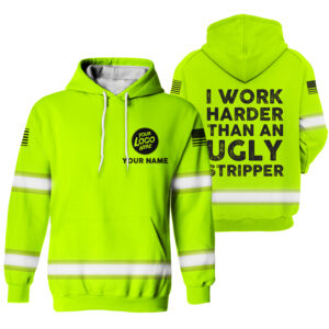 Hi Vis Hoodie I Work Harder Yellow Custom Name Logo Company Safety Workwear Reflective Long Sleeve For Construction Worker