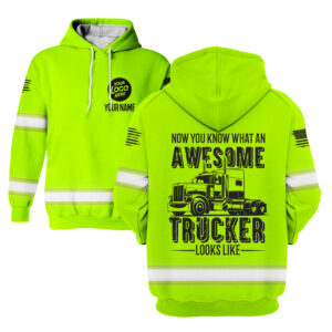 Hi Vis Hoodie Awesome Trucker Green Custom Name Logo Company Safety Workwear Reflective Long Sleeve For Construction Worker, Hi Vis Shirts Funny