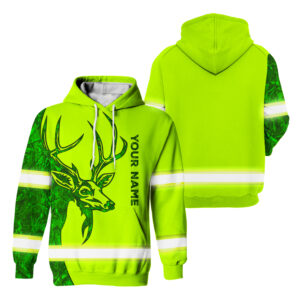 Hi Vis Hoodie Deer Camo Pattern Custom Name Safety Workwear Reflective Long Sleeve For Hunting Lovers