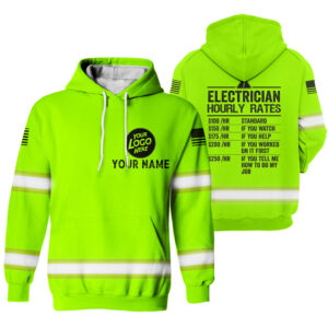 Hi Vis Hoodie Electrician Hourly Green Custom Name Logo Company Safety Workwear Reflective Long Sleeve For Construction Worker