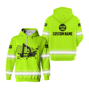 Hi Vis Hoodie Excavator American Flag Yellow Custom Name Safety Workwear Reflective Long Sleeve