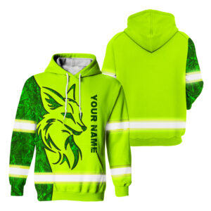Hi Vis Hoodie Fox Camo Pattern Custom Name Safety Workwear Reflective Long Sleeve For Hunting Lovers