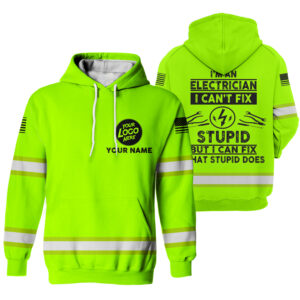 Hi Vis Hoodie I'm An Electrician Green Custom Name Logo Company Safety Workwear Reflective Long Sleeve For Construction Worker, Hi Vis Shirts Funny